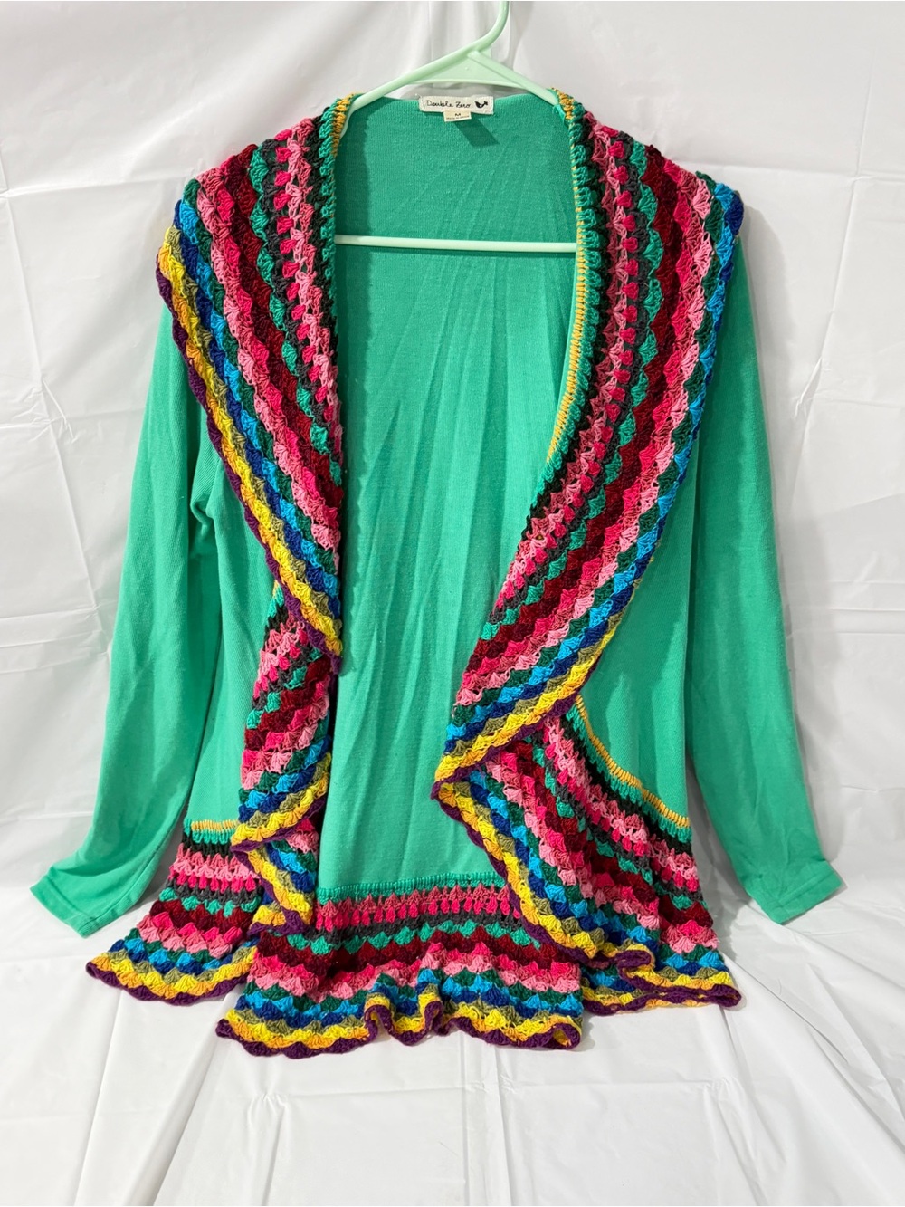 Double Zero Teal Open Cardigan with Multicolor Crochet Trim